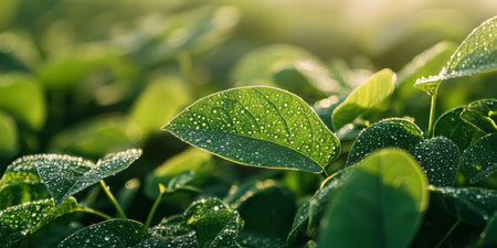 A breathtaking and detailed view of vibrant and lush soybean leaves, adorned with glistening morning dew, beautifully showcasing the intricate beauty of nature and the agricultural world around usの素材