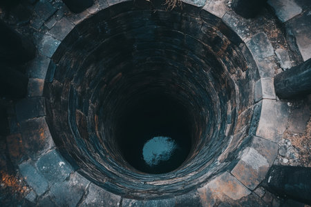 The mysterious deep well, with its stone walls, reflects the echoes of rich history from centuries pastの素材