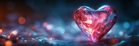 A stunning heart-shaped crystal illuminated by soft light, set against a dreamy, colorful background.の素材