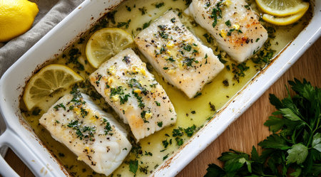 Savor the flavor of this baked cod fillet dish, featuring lemon slices and fresh herbs for a healthy and delicious mealの素材