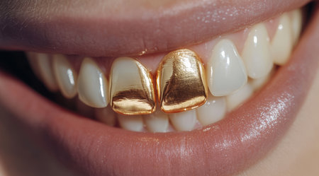 A closeup image beautifully displays a bright smile featuring stunning gold grills on perfectly white teethの素材