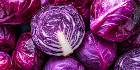A vibrant and colorful array of deep red cabbages proudly showcasing their rich textures and beautiful huesの素材