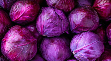 A stunning and beautiful array of fresh, vibrant purple cabbages showcasing their rich color and unique textureの素材