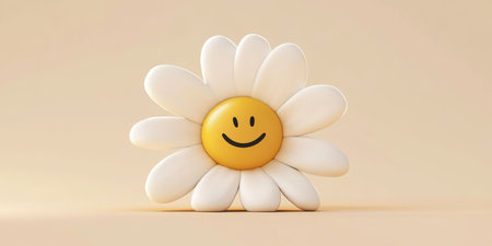 A joyful and vibrant daisy adorned with a smiling face, symbolizing overwhelming happiness and positivityの素材