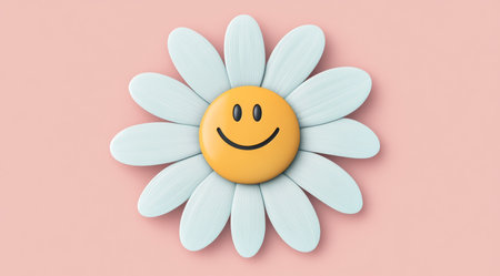 A vibrant, cheerful, smiley daisy flower set against a soft pastel background, ideal for uplifting and joyful designsの素材