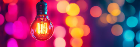 This stunning image showcases an upclose view of a glowing Edison bulb, framed by enchanting bokeh and vibrant hues, enhancing its retro charm and overall artistic appeal, captivating the viewerの素材