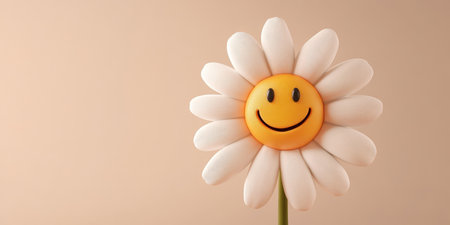 A delightful and vibrant flower adorned with a smiley face, symbolizing joy, happiness, and positivityの素材