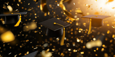 The scene captures graduation caps soaring with golden confetti, symbolizing remarkable achievements gained through dedicated education and hard workan unforgettable celebration of years of effortの素材