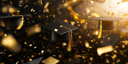 Graduation caps soar adorned with golden ribbons, symbolizing individual achievement, the celebration of academic success, friendships, and the bright futures that await all involvedの素材
