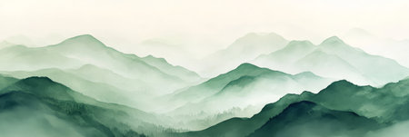 The misty mountains stretch majestically across the horizon, embodying a sense of tranquility and natural beautyの素材