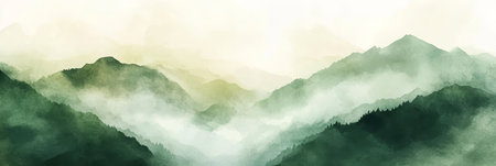 A tranquil watercolor depiction of mountains shrouded in mist, evoking calmness and natures beauty.の素材