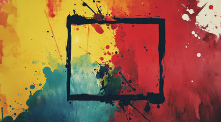This vibrant and colorful abstract painting, teeming with hues, features a blank frame located at its center, inviting viewers to freely express their own creativity and personal thoughts withinの素材
