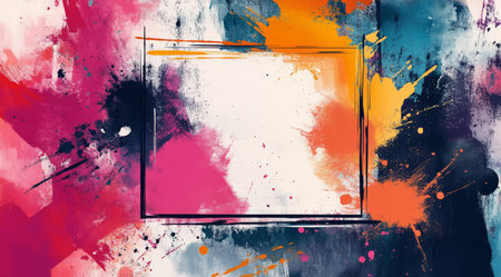 This captivating abstract design features colorful splashes and a blank space for your own text or images. Its ideal as a background or for artistic presentations, offering a bold canvasの素材