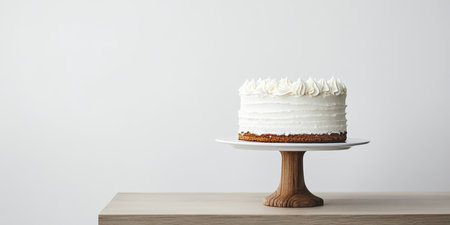 An elegantly crafted white birthday cake on a rustic wooden stand serves as a perfect centerpiece, uplifting the atmosphere and creating lasting memories beautifully captured in photographsの素材