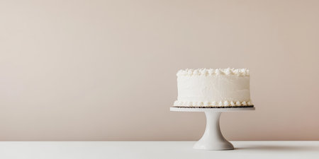This is a beautifully minimalistic white birthday cake that is elegantly displayed on a lovely and simple cake stand, which is set against a soft and charming background that enhances its appearanceの素材
