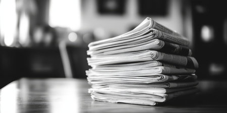 This monochrome image presents a beautiful, artistic view of neatly stacked newspapers, evoking a strong nostalgic feeling tied to the rich history of classic journalism and storytelling practicesの素材