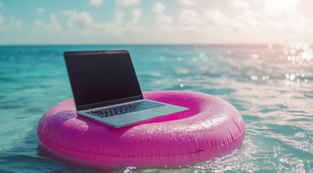 A sleek laptop sits on a pink pool float in calm waters, showcasing the blend of work and leisurea perfect retreat for workaholics needing a break to relax and recharge from hectic schedulesの素材