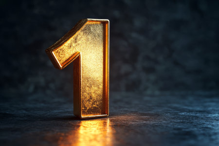 This artwork showcases a stunning 3D rendering of the number one in a brilliant gold finish, set against a textured dark backdrop, symbolizing uniqueness, excellence, and achievement in creativityの素材