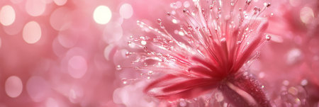 A beautiful close-up of a pink flower adorned with sparkling dewdrops, set against a soft bokeh background.の素材