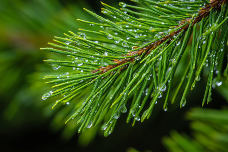 This closeup photo captures a vibrant pine branch with glistening dew drops and intricate pine needles, reflecting the beauty of nature and a sense of outdoor serenity and tranquilityの素材