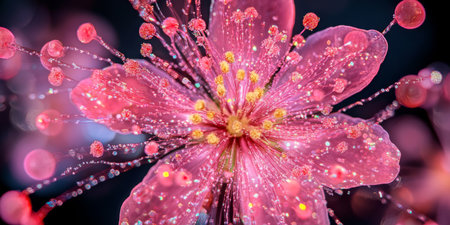 A truly stunning pink flower beautifully adorned with sparkling water droplets, perfect for nature and beauty themesの素材