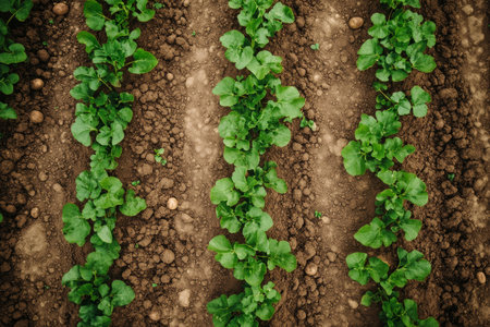 An aerial view highlights vibrant green crops alongside rich, freshly plowed soil, showcasing the beauty of agriculture and the importance of diverse landscapes in sustaining life and ecosystemsの素材