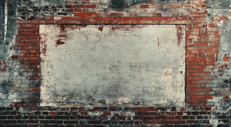 A weathered brick wall serves as a vibrant canvas, adorned with diverse text and colorful graphics, showcasing intriguing textures and hues that reflect urban decay and its layered historyの素材