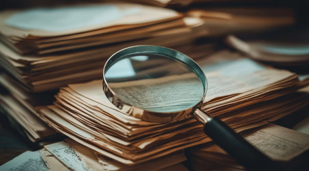 A large magnifying glass hovers thoughtfully over a sizable stack of aged documents, inviting a sense of discovery and deep investigation into the fascinating pages contained withinの素材