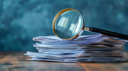 A closeup view of important documents under a magnifying glass, symbolizing careful analysis and thorough examination of vital information in a professional workspace for informed decisionmakingの素材
