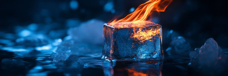 An ice cube against vibrant flames highlights the striking contrast between fire and ice, creating a captivating visual spectacle that enchants all who witness this extraordinary sceneの素材