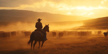 A skilled cowboy rides his majestic horse, guiding a herd of cattle through golden fields at sunset, with rolling hills in the background, capturing the essence of the timeless Westの素材