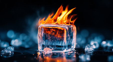 An extraordinary ice cube appears to be on fire amidst steam, showcasing the contrast between fire and ice, symbolizing natures duality and invoking thoughts on balance and transformationの素材