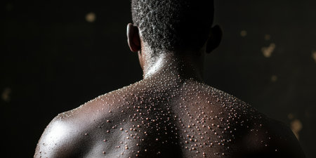 A detailed and closeup view of the back of a black individual, showcasing the monkeypox rash, which highlights the unique skin texture and condition associated with this skin ailment and diseaseの素材