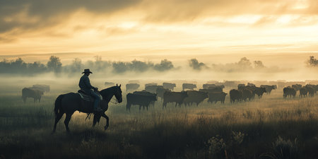 An experienced cowboy rides his trusty horse, skillfully guiding a herd of cattle across a vast pasture at dawn, capturing the essence of ranch life and the stunning beauty of natureの素材