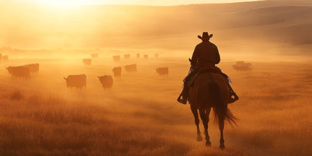 A striking silhouette of a rugged cowboy skillfully riding atop his trusty horse leads a large herd of cattle through a beautiful, shimmering golden landscape enveloped in mist at the break of dawnの素材