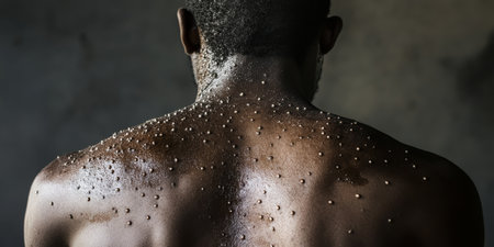This intimate closeup image showcases the intricate texture of skin that has been affected by monkeypox. It emphasizes the distinctive rashes that appear on the surface during infectionの素材