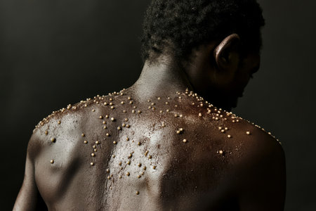 This closeup image shows the back of a person with a distinctive monkeypox rash, highlighting the intricate skin texture and lesions, which are vital for healthcare professionalsの素材