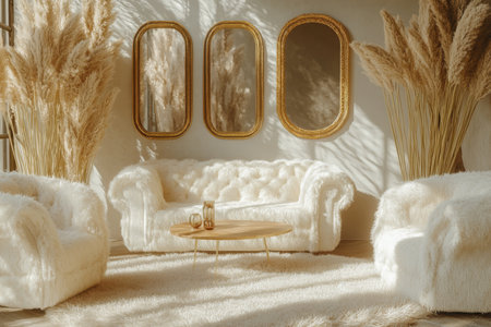 This beautifully designed modern living room showcases plush seating options, elegant mirrors, and soft decor elements, effectively creating a warm, cozy, and inviting atmosphere that feels like homeの素材