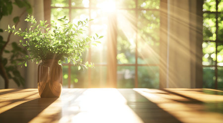 A bright Scandinavianinspired interior features sunlight streaming through large windows, illuminating a stylish vase of fresh greenery on a wooden table, creating a serene atmosphereの素材