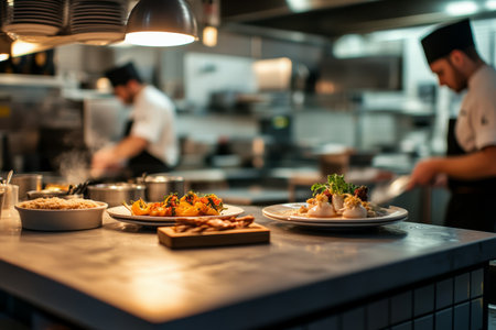 In a bustling restaurant kitchen, skilled chefs prepare exquisite gourmet dishes, showcasing their culinary artistry and dedication through beautifully plated meals on the counterの素材