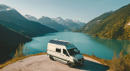 A beautifully designed campervan with an energyefficient solar panel is parked by a tranquil lake, surrounded by majestic mountains, representing sustainable travel and exploration in natureの素材