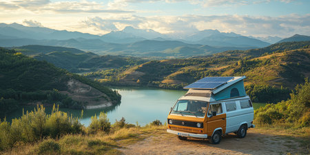 A beautiful campervan peacefully resting beside a stunning and tranquil lake, fully equipped with a solar panel, perfectly illustrating the essence of sustainable travel and ecofriendly adventuresの素材