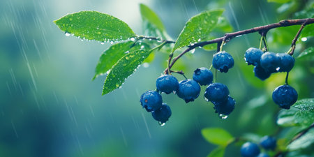 A tranquil and serene view of vibrant wild blueberries adorned with glistening raindrops resting on a delicate branch within a lush forest, beautifully embodying the essence and tranquility of natureの素材