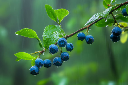 In this captivating closeup, wild blueberries are seen glistening with fresh raindrops on a delicate branch, beautifully framed by an abundance of lush green leaves in a serene forest settingの素材