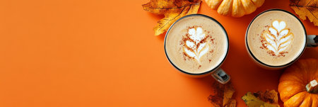 Savor the seasonal delight of pumpkin lattes surrounded by autumn leaves and pumpkins, perfect for cozy October daysの素材