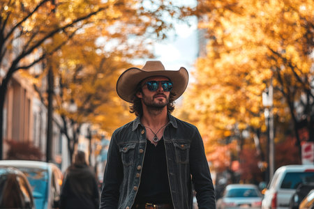 A stylish man, wearing a cowboy hat and trendy sunglasses, strolls through a vibrant autumn landscape, showcasing his unique western flair and charm in this picturesque fall settingの素材