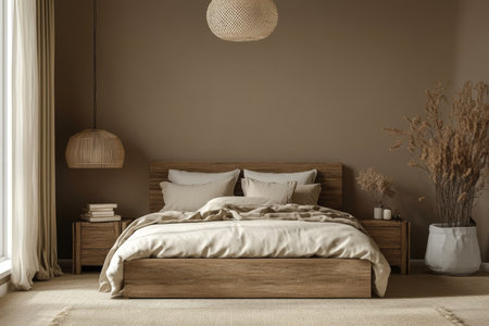 Delve into an exquisite and serene bedroom design that highlights a charming wooden bed complemented by earthy tones, creating a perfectly calming and peaceful atmosphere for relaxation and comfortの素材