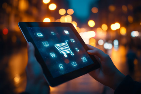 A user interacts with a digital shopping interface on a tablet amidst a vibrant nighttime city atmosphere.の素材