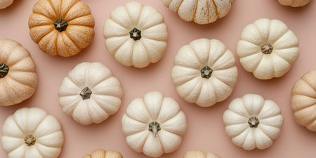 A cozy flat lay of beige and white pumpkins on a pastel background, perfect for autumn decor. It captures the charm of the season, celebrating the warmth and joy of harvest holiday gatheringsの素材