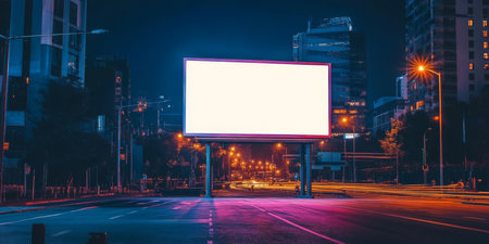 A large, blank billboard stands prominently in an urban nighttime setting, surrounded by colorful city lights and bustling motion, providing a perfect, open space for various advertisements to thriveの素材